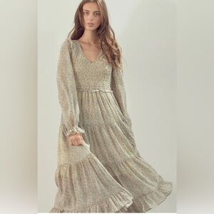 SHEIN Long Sleeve Floral Dress in Cream and Brown